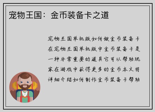 宠物王国：金币装备卡之道